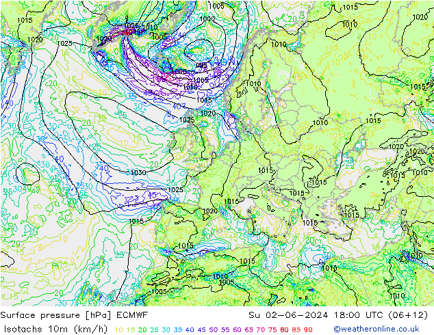 Isotachs (kph) ECMWF Вс 02.06.2024 18 UTC