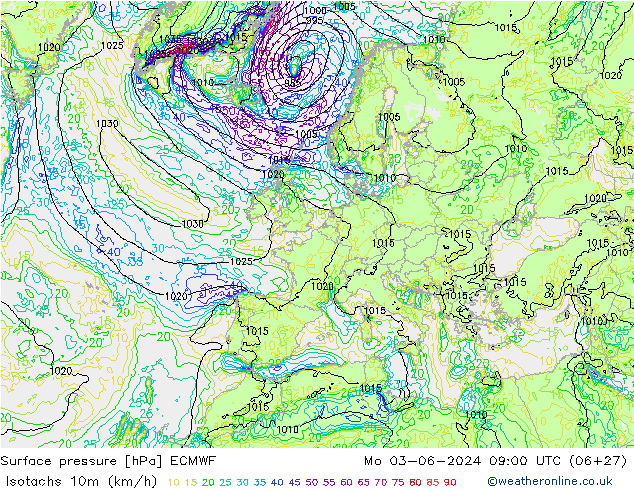 Eşrüzgar Hızları (km/sa) ECMWF Pzt 03.06.2024 09 UTC