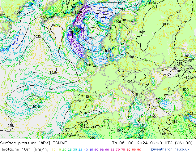 Isotachs (kph) ECMWF Čt 06.06.2024 00 UTC