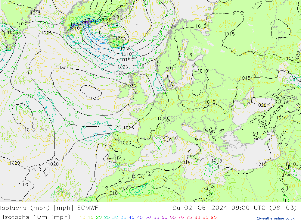 Isotachs (mph) ECMWF Dom 02.06.2024 09 UTC