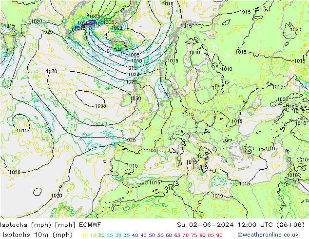 Isotachs (mph) ECMWF 星期日 02.06.2024 12 UTC