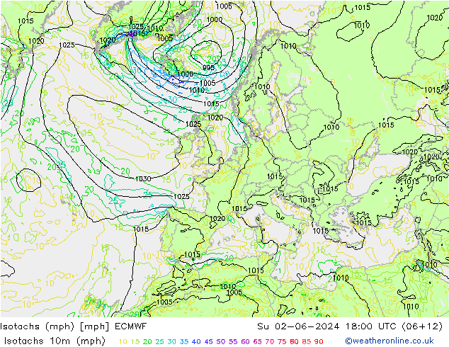 Isotachs (mph) ECMWF 星期日 02.06.2024 18 UTC