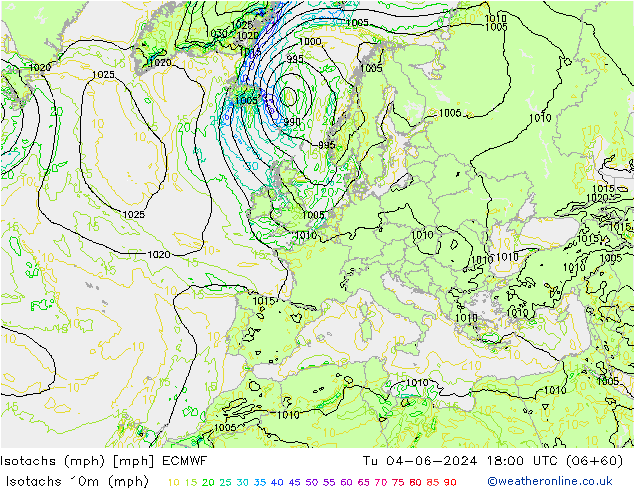 Isotachs (mph) ECMWF вт 04.06.2024 18 UTC