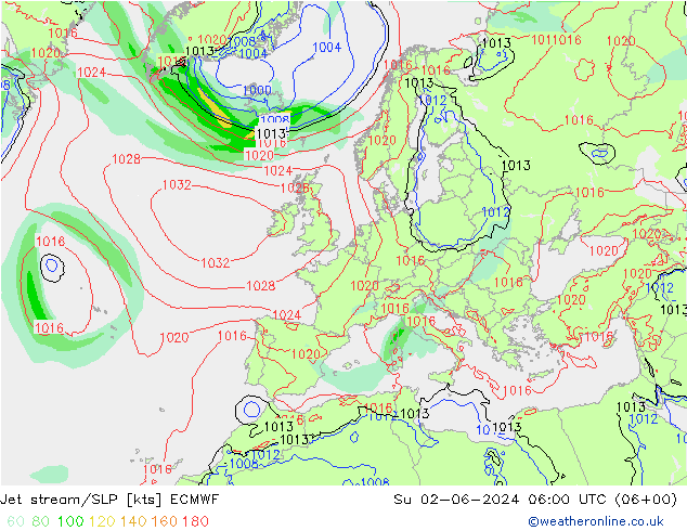 高速氣流/地面气压 ECMWF 星期日 02.06.2024 06 UTC