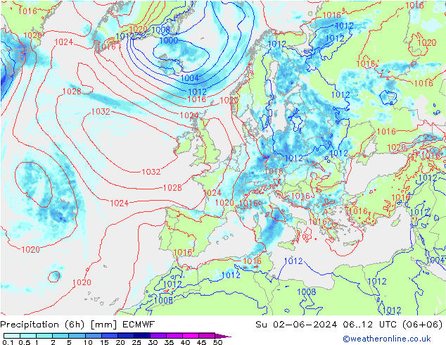 Z500/Regen(+SLP)/Z850 ECMWF zo 02.06.2024 12 UTC