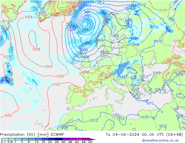 Z500/Rain (+SLP)/Z850 ECMWF Út 04.06.2024 06 UTC