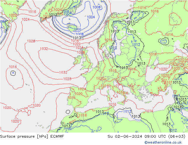 Luchtdruk (Grond) ECMWF zo 02.06.2024 09 UTC