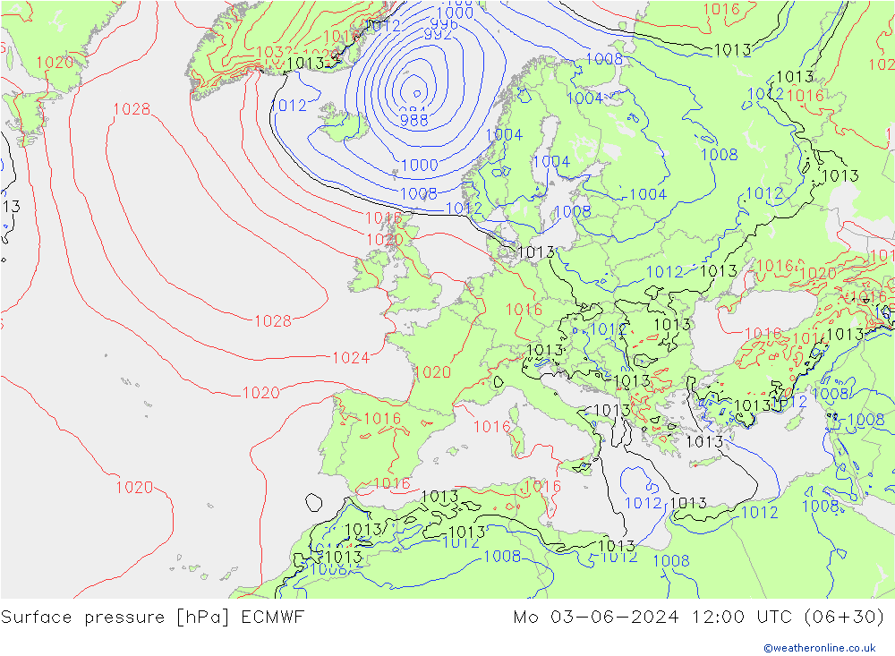 Surface pressure ECMWF Mo 03.06.2024 12 UTC