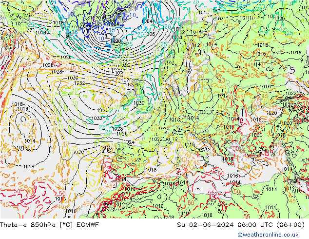 Theta-e 850hPa ECMWF Paz 02.06.2024 06 UTC