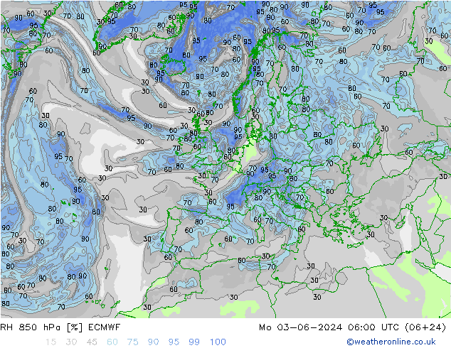 RH 850 hPa ECMWF 星期一 03.06.2024 06 UTC