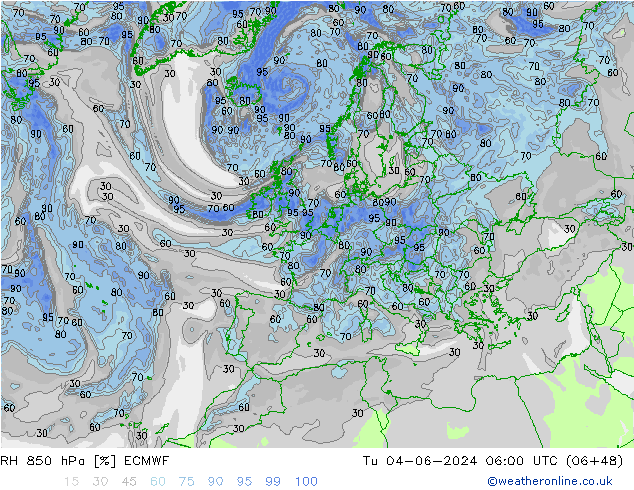 Humidité rel. 850 hPa ECMWF mar 04.06.2024 06 UTC