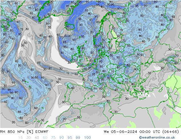 Humidité rel. 850 hPa ECMWF mer 05.06.2024 00 UTC