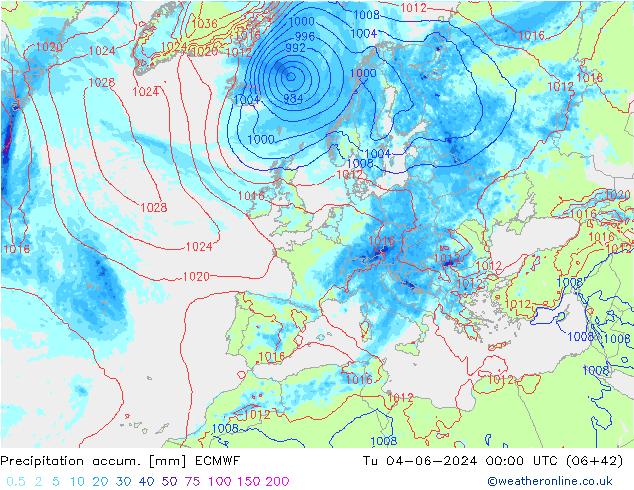 Precipitation accum. ECMWF Tu 04.06.2024 00 UTC