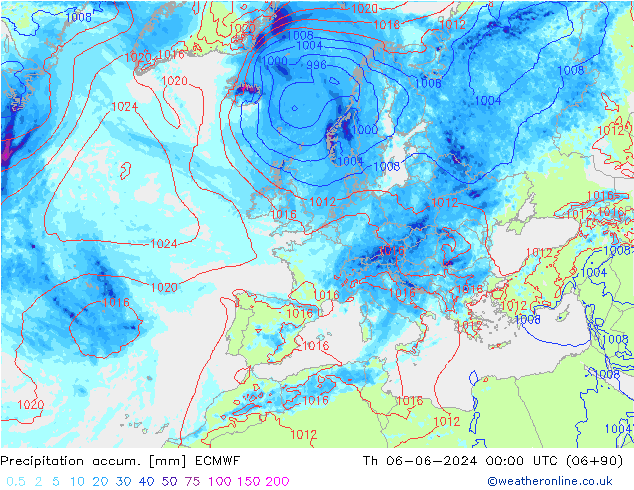 Precipitation accum. ECMWF czw. 06.06.2024 00 UTC