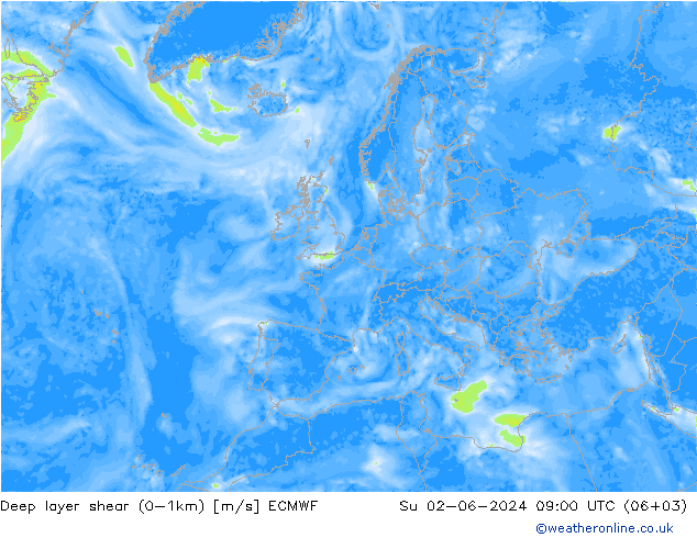 Deep layer shear (0-1km) ECMWF dom 02.06.2024 09 UTC