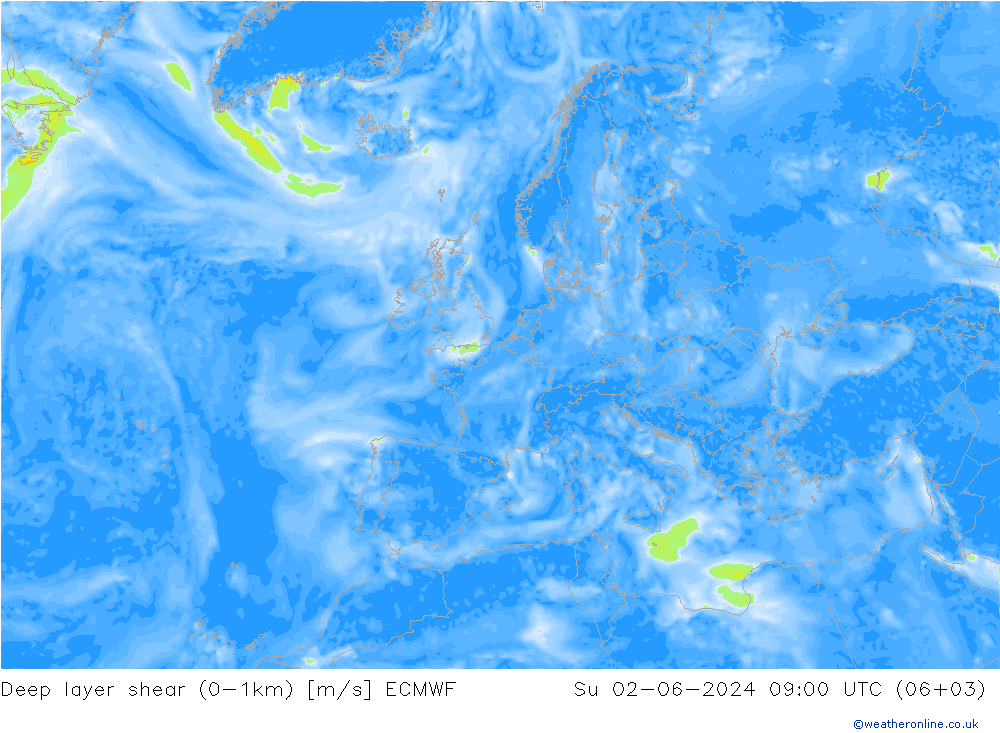 Deep layer shear (0-1km) ECMWF dom 02.06.2024 09 UTC