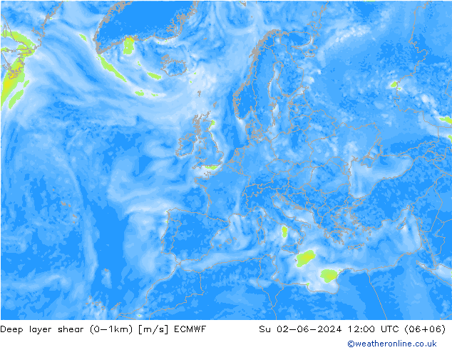 Deep layer shear (0-1km) ECMWF Вс 02.06.2024 12 UTC