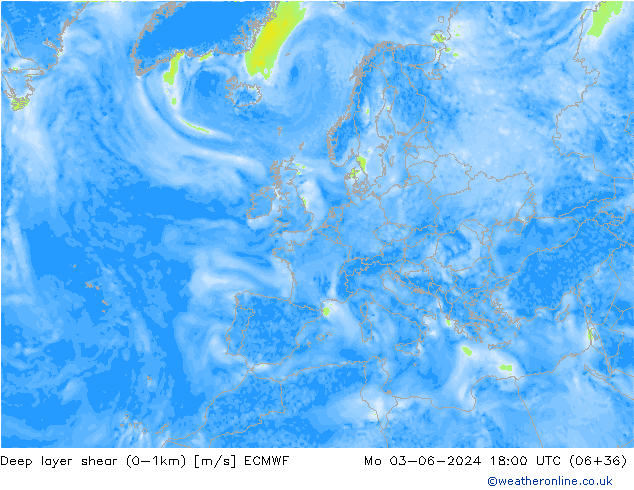 Deep layer shear (0-1km) ECMWF ma 03.06.2024 18 UTC