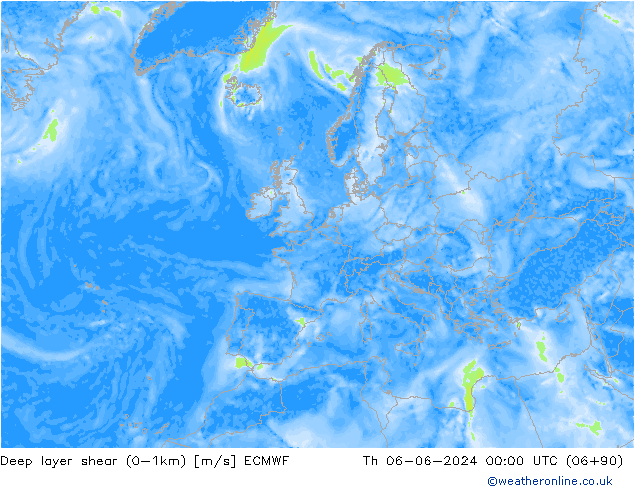 Deep layer shear (0-1km) ECMWF do 06.06.2024 00 UTC