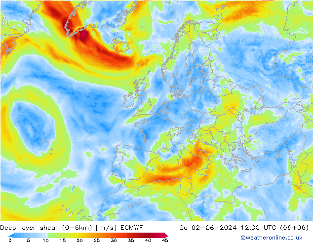 Deep layer shear (0-6km) ECMWF nie. 02.06.2024 12 UTC