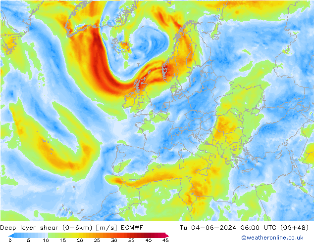 Deep layer shear (0-6km) ECMWF mar 04.06.2024 06 UTC