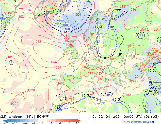 Tendenza di Pressione ECMWF dom 02.06.2024 09 UTC