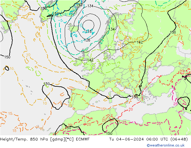 Height/Temp. 850 hPa ECMWF Di 04.06.2024 06 UTC