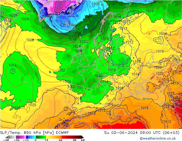 SLP/Temp. 850 hPa ECMWF Su 02.06.2024 09 UTC