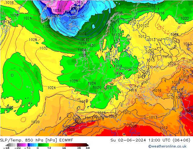 SLP/Temp. 850 гПа ECMWF Вс 02.06.2024 12 UTC