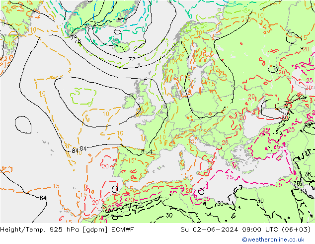 Height/Temp. 925 hPa ECMWF Ne 02.06.2024 09 UTC