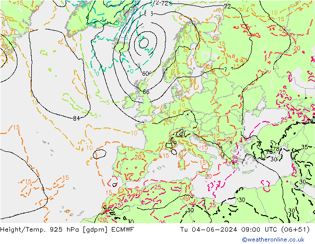 Height/Temp. 925 hPa ECMWF wto. 04.06.2024 09 UTC