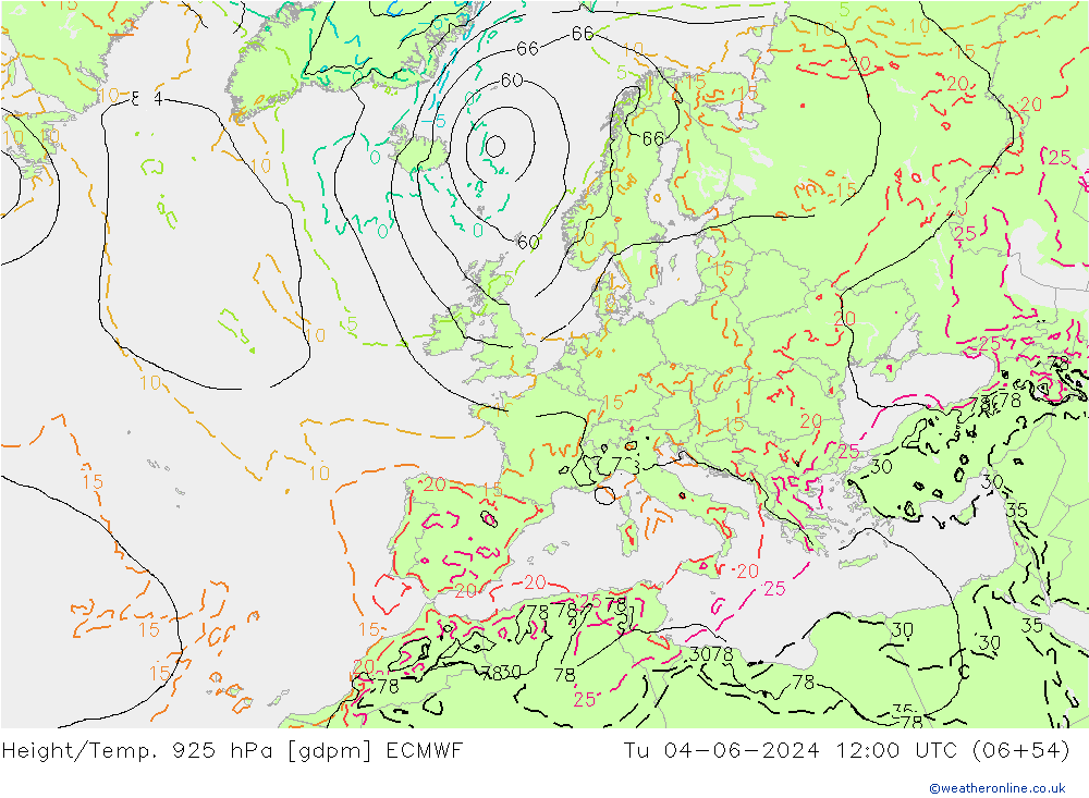 Height/Temp. 925 hPa ECMWF Tu 04.06.2024 12 UTC