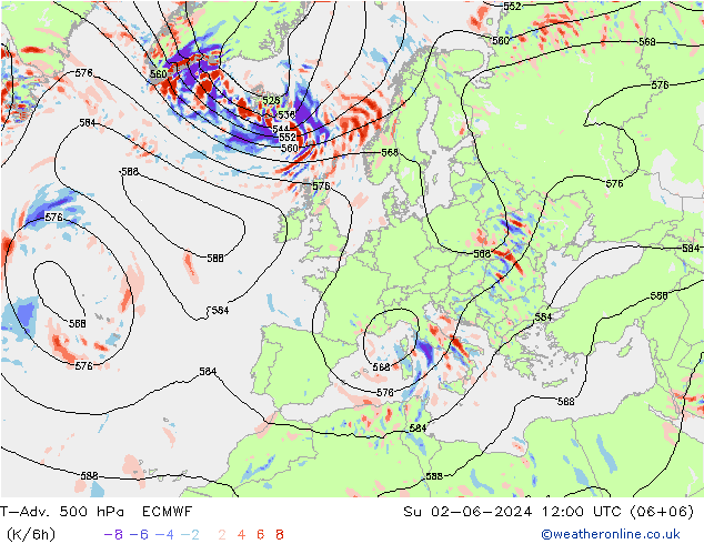 T-Adv. 500 hPa ECMWF 星期日 02.06.2024 12 UTC