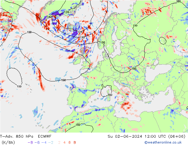 T-Adv. 850 hPa ECMWF 星期日 02.06.2024 12 UTC