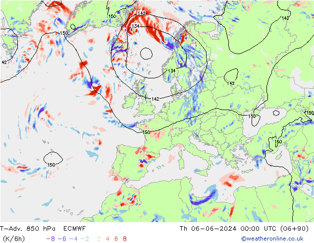 T-Adv. 850 hPa ECMWF Čt 06.06.2024 00 UTC