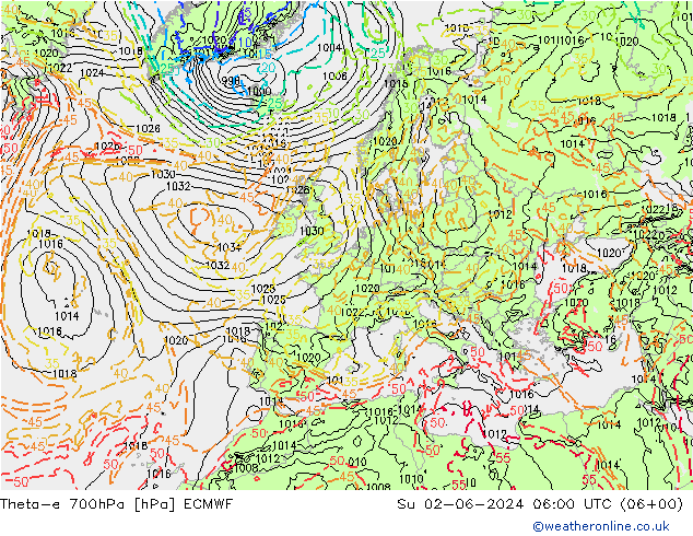 Theta-e 700hPa ECMWF dim 02.06.2024 06 UTC