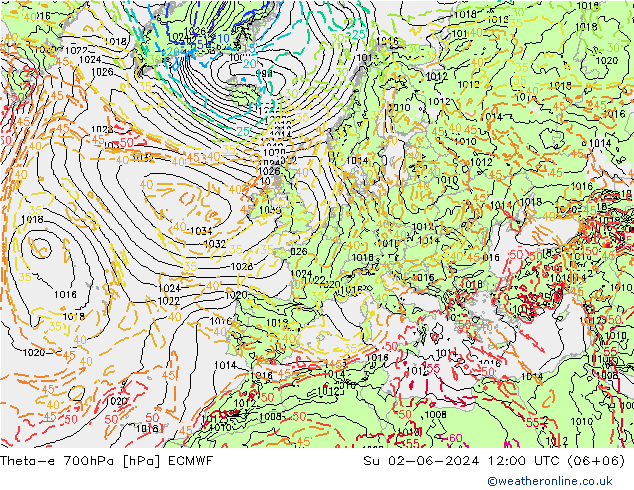 Theta-e 700гПа ECMWF Вс 02.06.2024 12 UTC