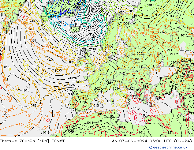 Theta-e 700hPa ECMWF 星期一 03.06.2024 06 UTC