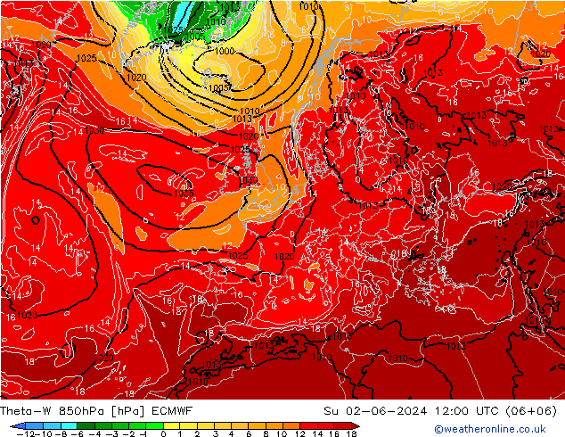 Theta-W 850hPa ECMWF Paz 02.06.2024 12 UTC