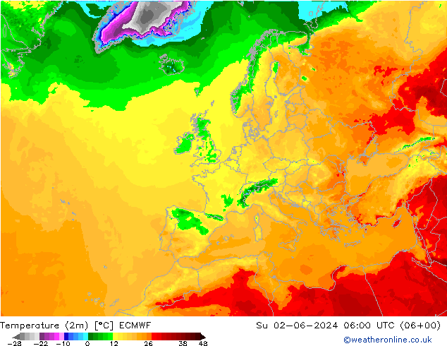 Sıcaklık Haritası (2m) ECMWF Paz 02.06.2024 06 UTC