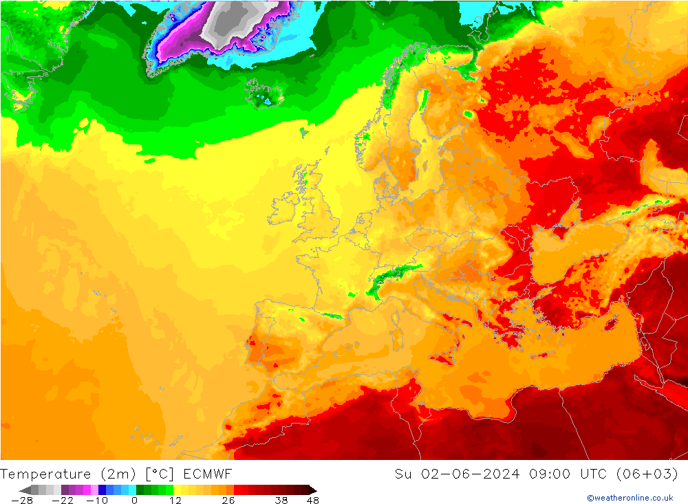 Temperaturkarte (2m) ECMWF So 02.06.2024 09 UTC