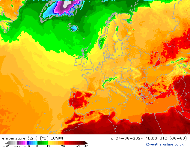 Temperatuurkaart (2m) ECMWF di 04.06.2024 18 UTC