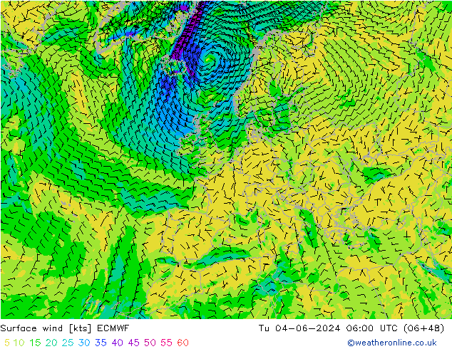 风 10 米 ECMWF 星期二 04.06.2024 06 UTC