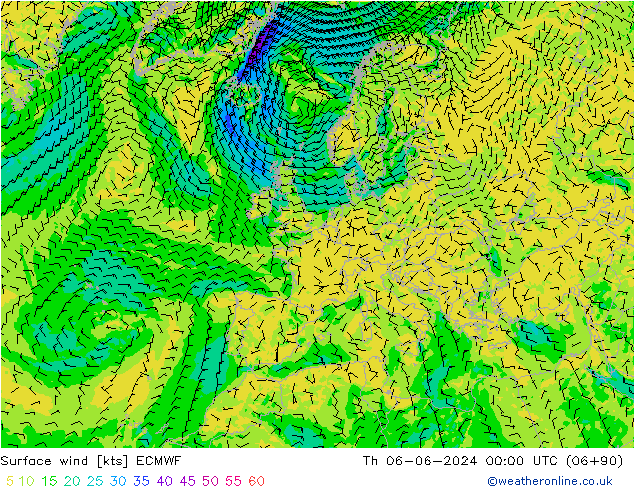 Surface wind ECMWF Čt 06.06.2024 00 UTC