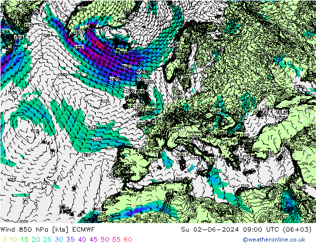 风 850 hPa ECMWF 星期日 02.06.2024 09 UTC