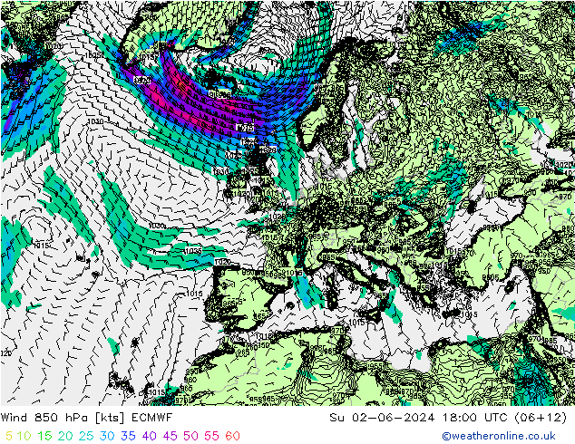 Wind 850 hPa ECMWF Su 02.06.2024 18 UTC