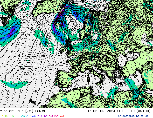 Wind 850 hPa ECMWF Čt 06.06.2024 00 UTC