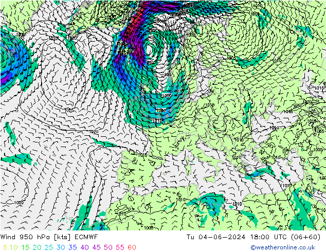 Vento 950 hPa ECMWF mar 04.06.2024 18 UTC