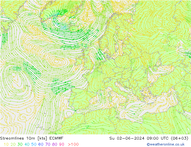 Línea de corriente 10m ECMWF dom 02.06.2024 09 UTC