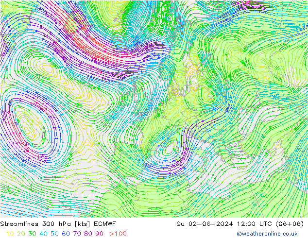 Linea di flusso 300 hPa ECMWF dom 02.06.2024 12 UTC
